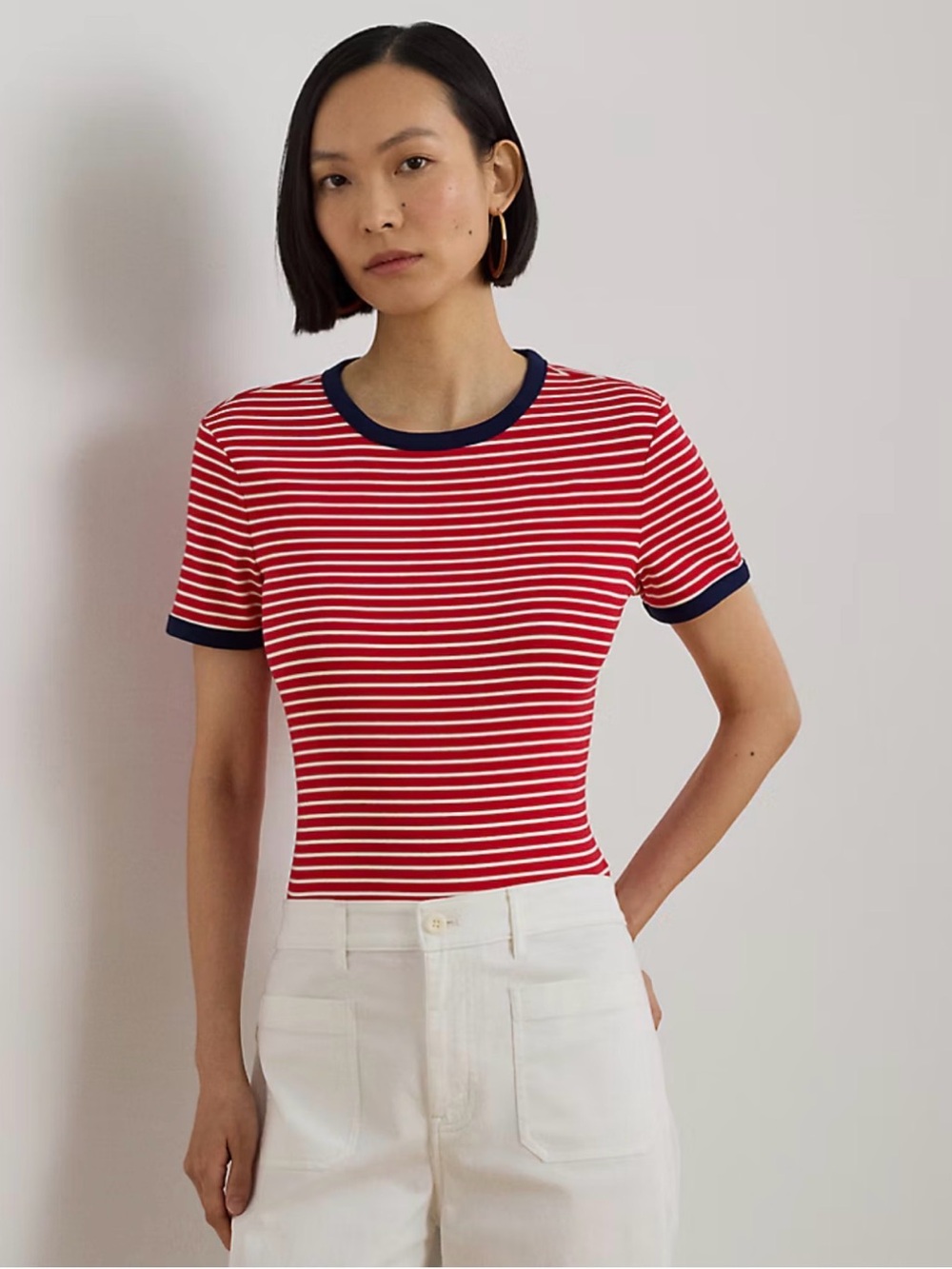 Ralph Lauren Red & White Striped Short-Sleeve Tee with Navy Trim